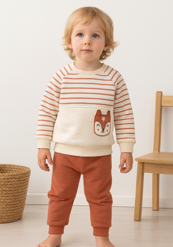 Erkek Bebek çizgili köpek kafa işlemeli uzun kollu takım