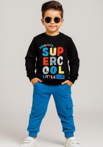 Erkek Çocuk supercool yazılı uzun kollu siyah renk eşofman takım