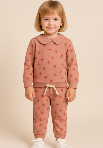 Kız Çocuk çiçek desenli bebe yakaılı uzun kollu takım