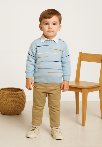 Erkek Çocuk çizgi detaylı kazak-gömlek pantolonlu takım