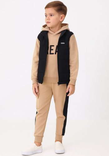 Erkek çocuk kapitone siyah yelekli-kapşonlu sweatshirt-eşofman takım