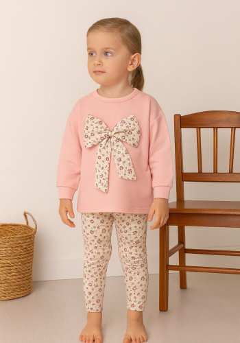 Kız Çocuk çiçekli fiyonk detaylı uzun kollu pamuklu tayt takım