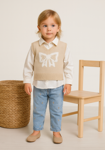 Kız Çocuk taş işlemeli triko süveter-gömlek-fiyonk desenli kot pantolon takım