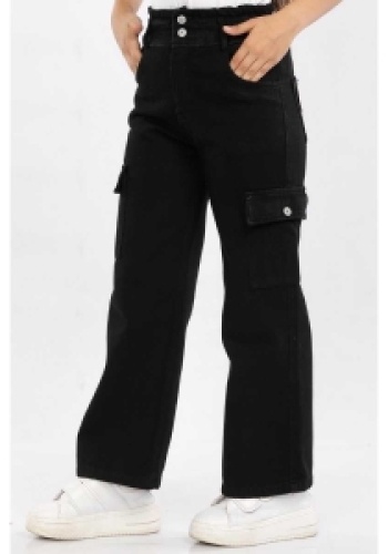Kız Çocuk yüksek bel kargo cepli gabardin pantolon