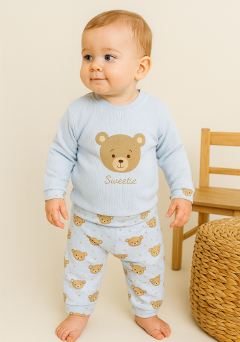 Erkek bebek ayıcık kafa ve yıldız baskılı pamuklu takım