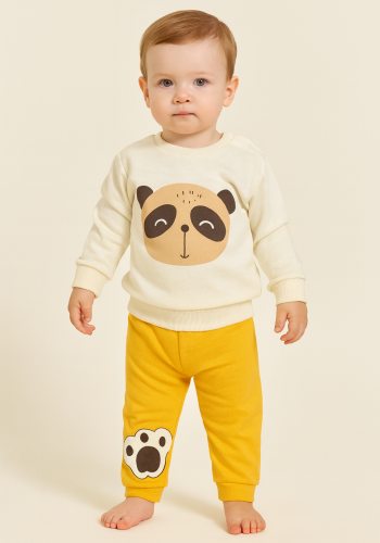 Erkek Çocuk panda kafa baskılı uzun kollu pamuklu takım