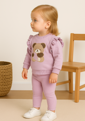 Kız Bebek ayıcık baskılı kolları fırfırlı mor renk takım
