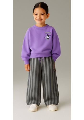 Kız Çocuk kuromi baskılı çizgili pantolonlu takım