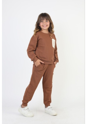 Kız Çocuk örme cepli kahve renk 2ip eşofman takım