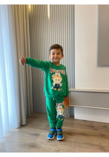 Erkek çocuk monsters yazılı-yeşil renk labubu baskılı takım