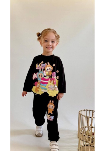 Kız Çocuk so cute monsters yazılı labubulu siyah renk takım
