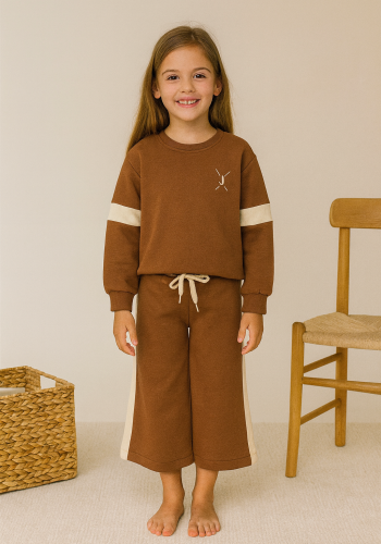 Kız Çocuk yanı şeritli bol paçalı kahve renk eşofman takım