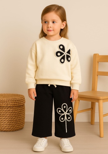 Kız Çocuk çiçek işlemeli uzun kollu 2ip takım