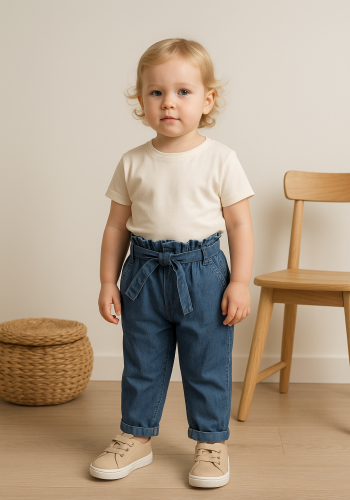 Kız Çocuk Bel Kısmı Lastikli Bağcıklı Cepli Ince Kumaşlı Kot Pantolon