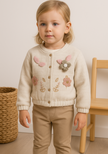 Kız Bebek çiçek ve yaprak desenli simli ceketli 3lü takım