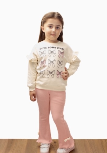 Kız Çocuk fiyonk baskılı -uzun kollu - fitilli taytlı takım