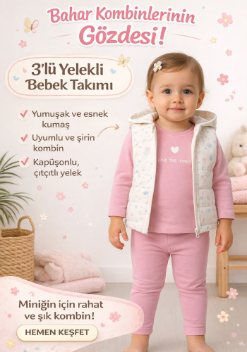 Kız Bebek çiçek desenli- kapşonlu -şişme yelekli -takım