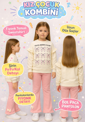 Kız Çocuk fiyonk baskılı -uzun kollu - fitilli taytlı takım