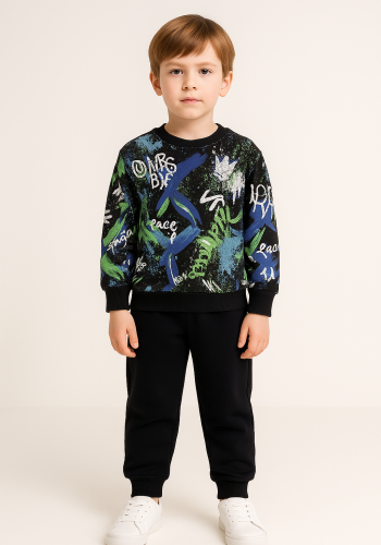 Erkek Çocuk yazı baskılı siyah renk eşofman takım