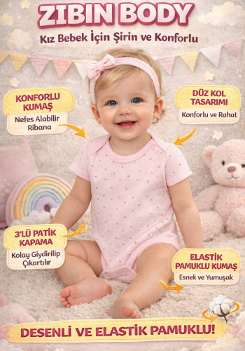 Kız Bebek çiçek desenli kısa kollu çıtçıtlı bady