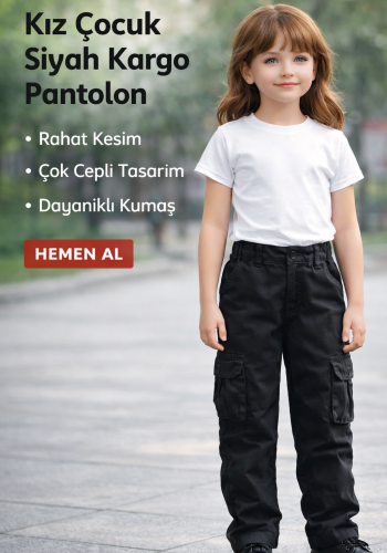 Kız Çocuk Siyah Renk - Kargo Cepli - Bol Paça Keten Pantolon
