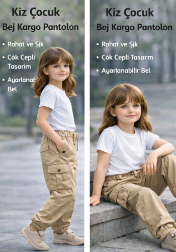 Kız Çocuk Bel Kısmı Lastiklki Bağcıklı Kargo Cepli Bilek Kısmı Lastikli Pantolon