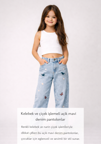 Kız Çocuk Fiyonk Işlemeli Garson Boy Bol Paçalı Kot Pantolon