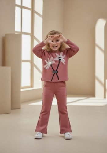 Kız Çocuk çiçek detaylı-prenses kollu -ispanyol paçalı takım