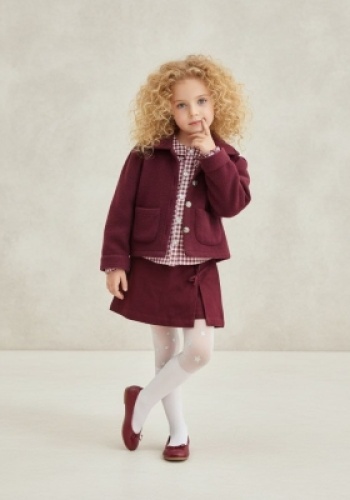 Kız Çocuk kaşe ceketli -ekose gömlekli- kot etekli bordo renk takım