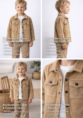 Erkek Çocuk çıt çıt kapamalı- cepli kadife gömlek -uzun kollu bady- kanvas pantolonlu takım