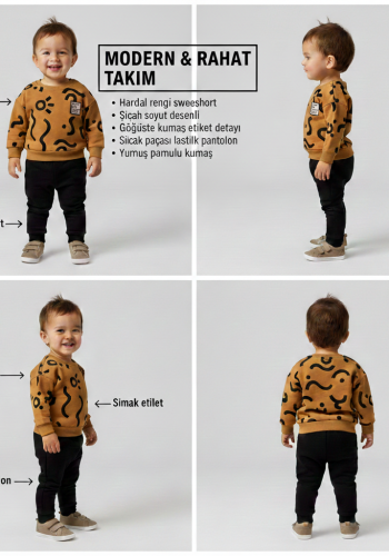 Erkek Bebek çizgi detaylı-uzun kollu- kahve renk 3 ip takım