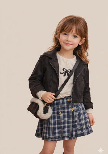 Kız Çocuk süet ceketli çantalı- bady- eteklki takım