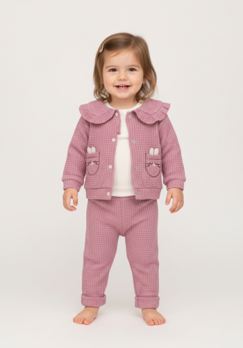 Kız Bebek waflle kumaşlı- fırfır yakalı-zıbınlı 3lü takım