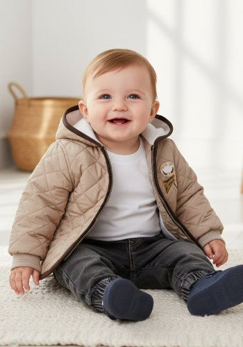 Erkek Bebek kapşonlu - kapitone montlu -kot pantolonlu 3lü takım