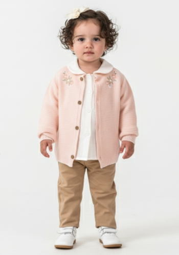 Kız Çocuk çiçek nakışlı- düğmeli -triko kırka-müslin gömlekli -pantolon takım