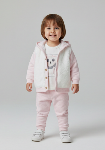 Kız Bebek peluş - kağşonlu-düğmeli hırka-panda baskılı-sweat-pantolon takım