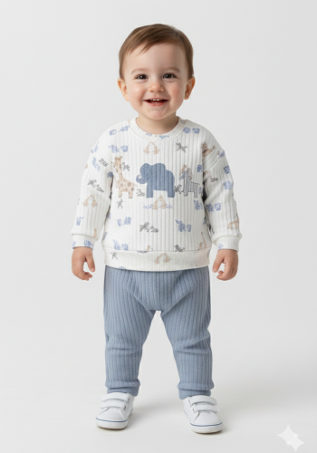Erkek Bebek fil ve zürafa baskılı fitilli takım