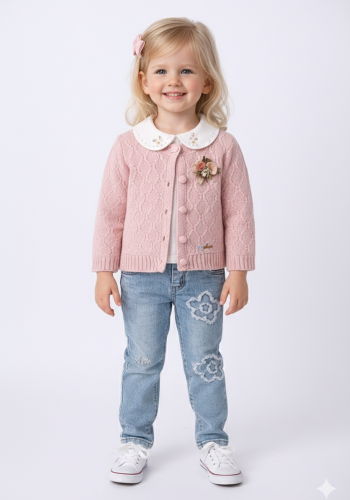 Kız Bebek hırkalı-v yaka süveterli- uzun kol gömlekli -çiçek işlemeli- kot pantolonlu takım