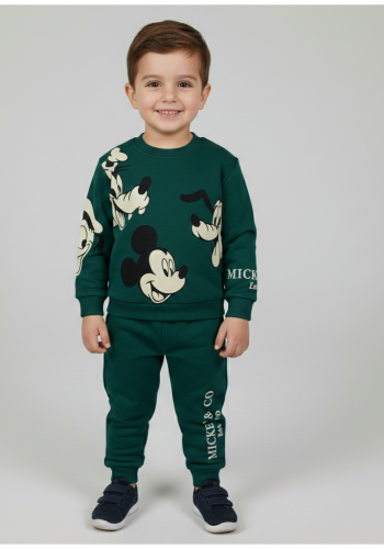 Erkek Çocuk mickey baskılı 3 ip şardonsuz yeşil renk takım