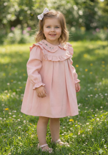 Kız Bebek yakası çiçek nakışlı kol uçları fırfırlı elbise