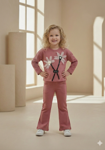 Kız Çocuk çiçek detaylı-prenses kollu -ispanyol paçalı takım