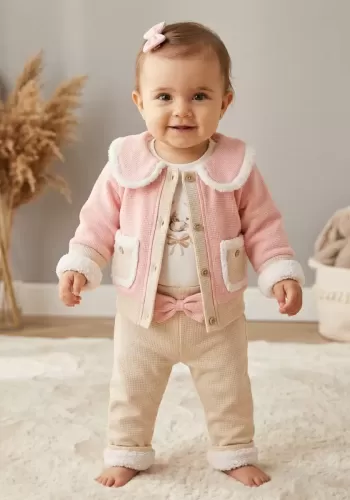 Kız Bebek wafle kumaş cep detaylı 3lü ceket takım