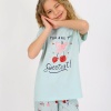 Kız Çocuk You Are The Yazılı Kiraz Baskılı Kısa Kollu Su Yeşili Pijama Takımı