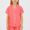 Kız Çocuk Kalp Baskılı Önden Düğmeli Kısa Kollu Pamuklu Pijama Takımı