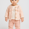 Kız Bebek çiçek nakışlı welsoft ceketli 3lü takım