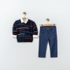 Erkek Çocuk çizgi desenli  kazak keten pantolonlu gmlekli 3lü takım