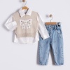 Kız Çocuk taş işlemeli triko süveter-gömlek-fiyonk desenli kot pantolon takım