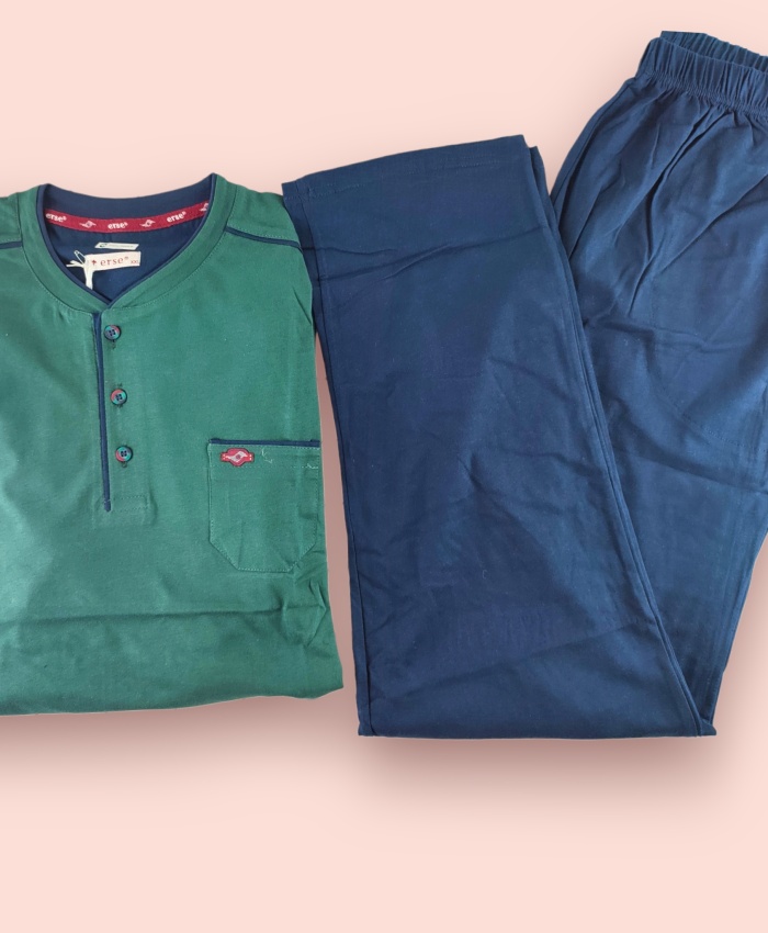 Erkek Düğmeli Pamuklu Uzun Kollu Pijama Takımı - Mavi 100% Pamuklu Uyku Seti