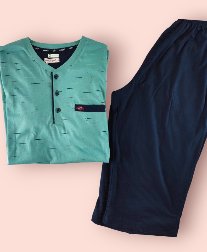 Erkek Yeşil Pamuk Kapri Pijama Takımı - Dört Mevsim Kullanıma Uygun