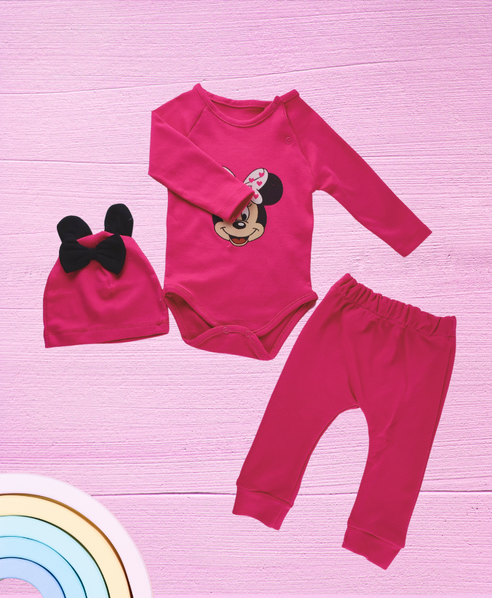 Mickey Mouse Baskılı Kız Bebek Takımı - Pembe, Pamuklu, 3-18 Ay